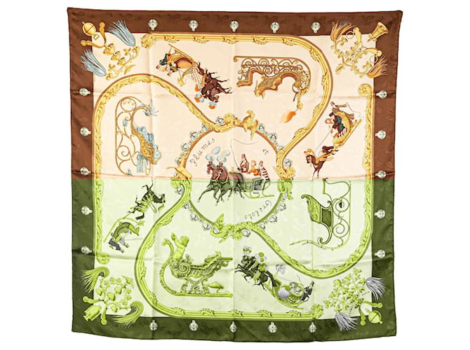 Hermès Brown Plumes Et Grelots Silk Scarf Beige Cloth  ref.1979594