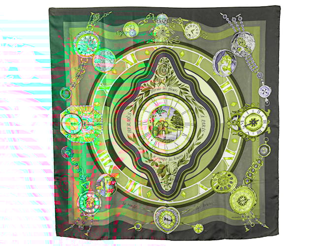 Hermès Green Among the Flowers I Count the Hours Silk Scarf Cloth  ref.1979614