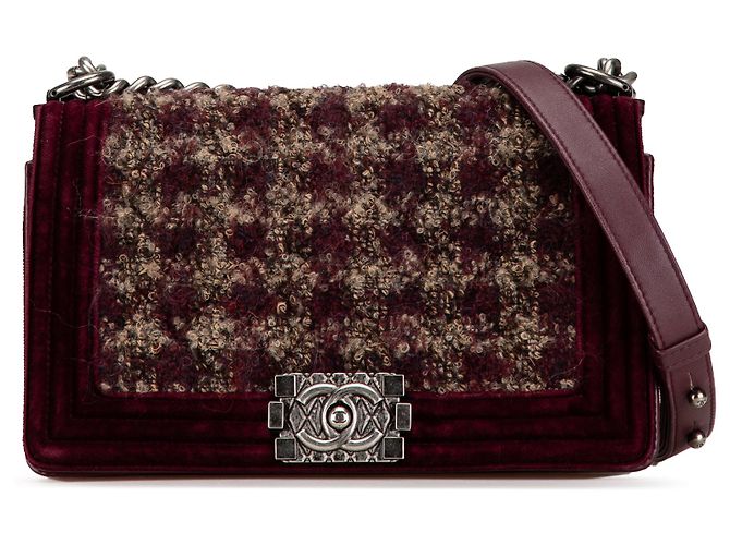 Chanel Rosso Vecchio Medio in Velluto e Tweed Boy Flap Bordò