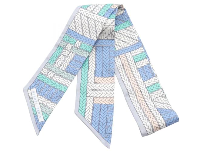 Foulard Hermès Twilly TRESSES H Soie Marron Bleu Multicolore  ref.1981532