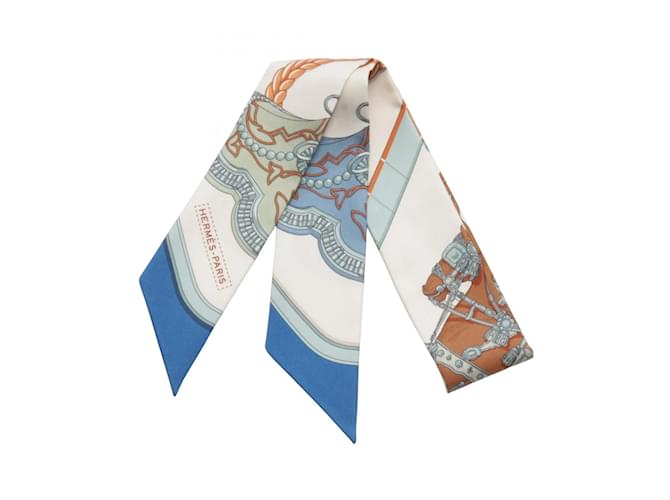 Hermès Foulard en soie Hermes Twilly GRAND APPARAT Bleu Multicolore Beige  ref.1982635