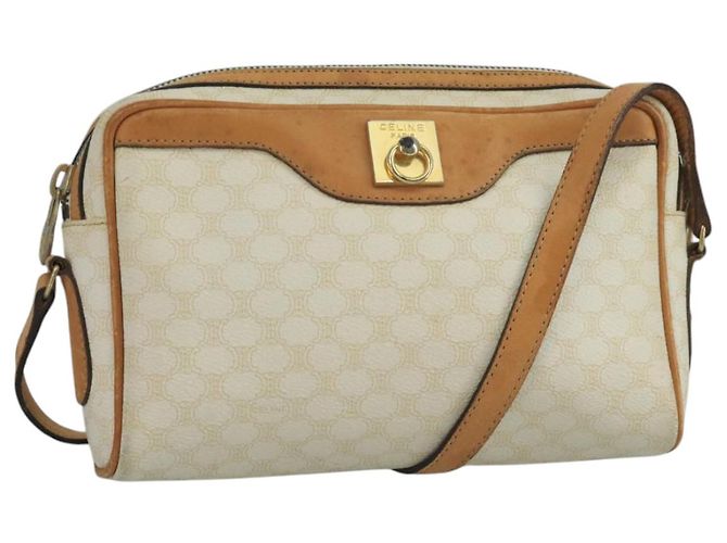 Céline Bolsa de ombro em lona Macadam CELINE em couro PVC branco Auth 110698