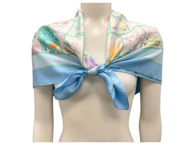 Hermès Hermes Light Blue Multi Le Jeu des Petits Bonheurs Print Square Silk Twill Scarf  ref.1983893
