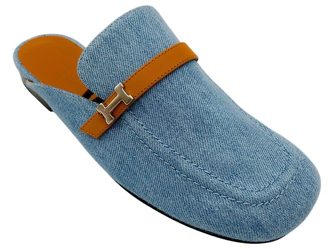 Hermès Hermes Blue / Tan Leather Trimmed Denim Lena Mule