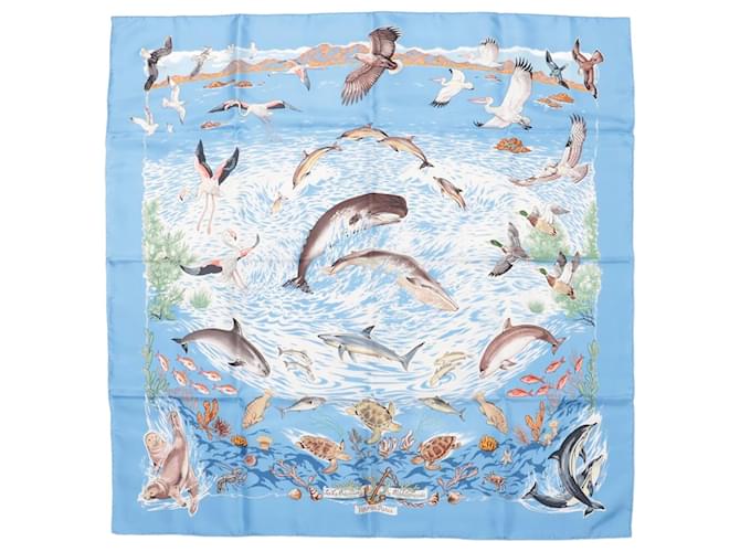 Hermès Hermes Carré 90 "Lavie Precieuse de la Mediterranee" 100% Silk Scarf in Blue  ref.1984029