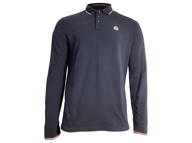 Polo de manga longa com patch Moncler em algodão azul marinho