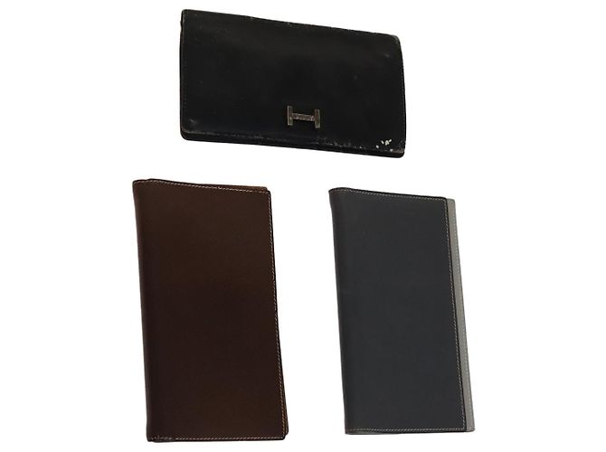 Hermès HERMES Day Planner Cover Leather 3Set Black Brown gray Auth bs21520