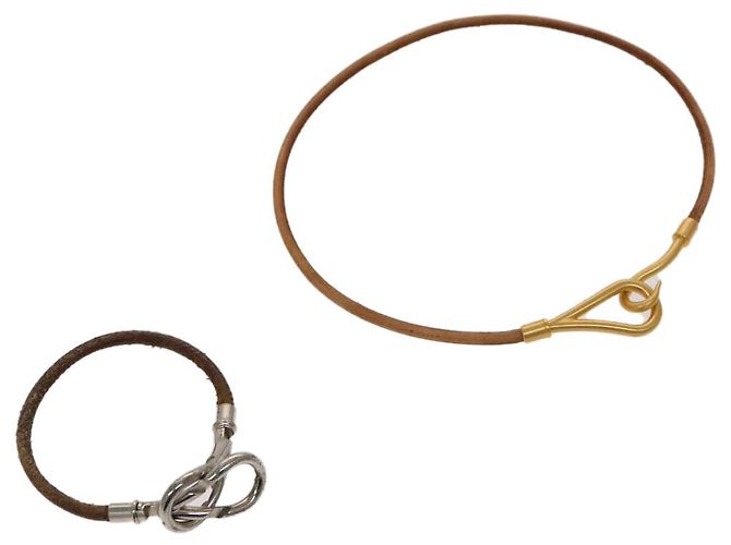 Hermès Collar Pulsera de Cuero HERMES 2Set Beige Auth bs21522 