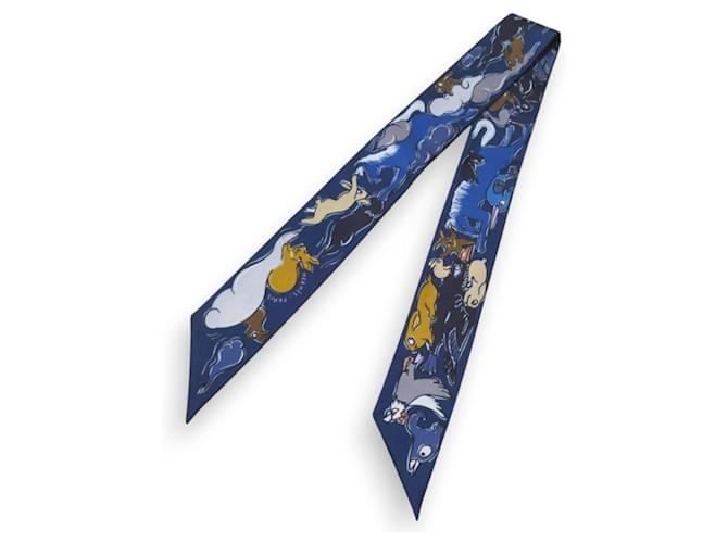Hermès Mille et Un Lapins Twilly Écharpe Multicolore Bleu Marine  ref.1986800