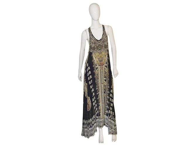 Vestido de verão longo sem mangas em seda 100% estampada e com contas, decote em V e costas nadador Camilla Azul