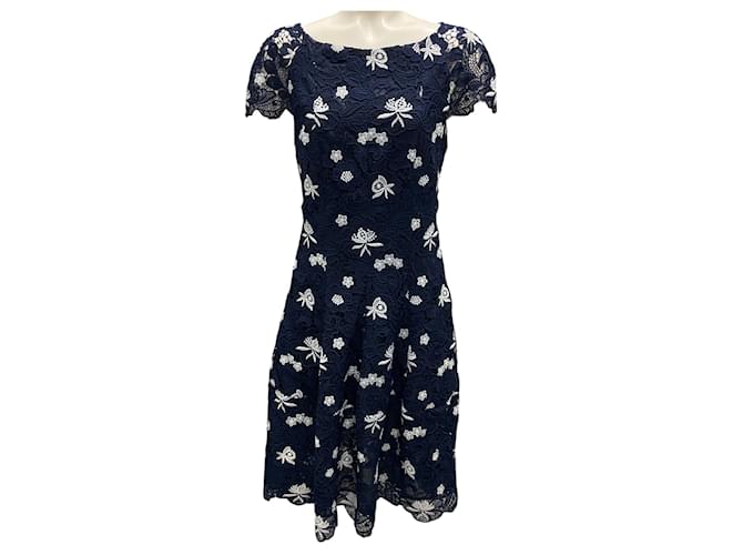 Autre Marque Talbot Runhof Navy Blue / White Embroidered Lace Cocktail Dress Polyester  ref.1989648