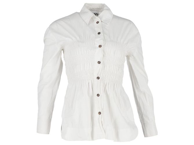Camicia a maniche lunghe arricciata Ganni in cotone bianco Crudo