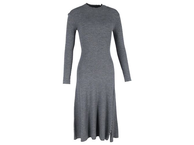 Maje Langarm Strick-Midi-Kleid aus grauem Acryl