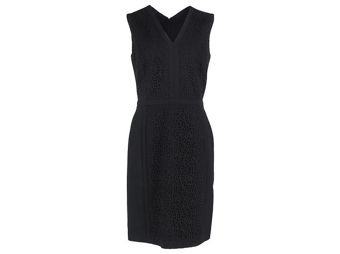 Hugo Boss Midi-V-Ausschnitt-Kleid aus schwarzer Wolle mit Spitzendetails