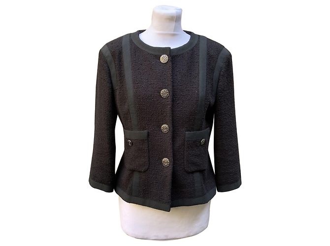 Timeless Chanel Schwarze Baumwoll-Tweedjacke 3/4 Größe 36 FR 2013