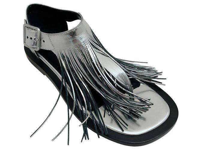 Jil Sander silberne Lederfransen-Sandalen