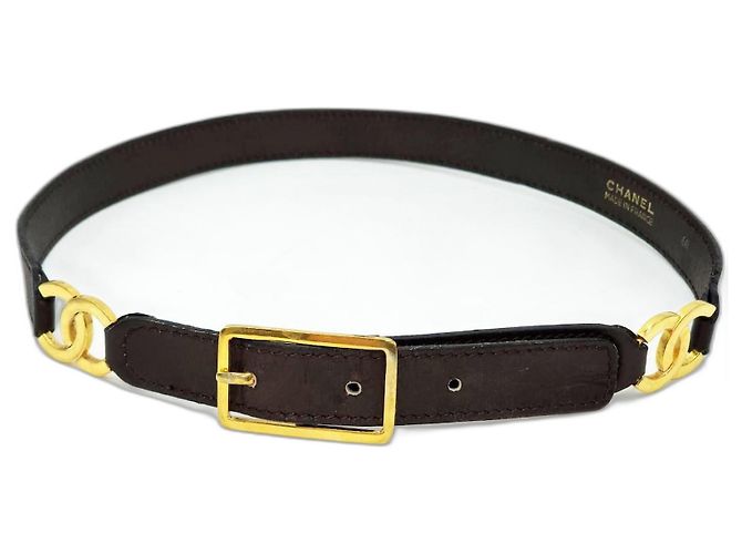 Cinturón de cuero chapado en oro de 24K Double CC de Chanel Castaño