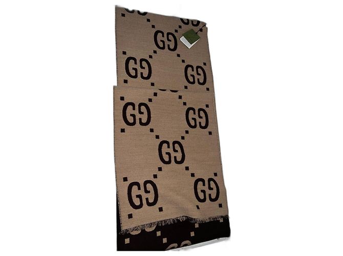 Bufanda Gucci patrón GG lana y seda marrón beige Castaño