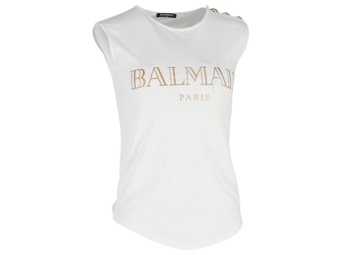 Camiseta sin mangas de algodón blanco con estampado del logo de Balmain Crudo