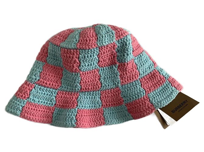 Cappello Bob Burberry all'Uncinetto Rosa e Azzurro Cotone Blu chiaro