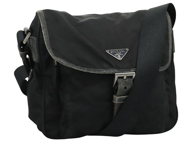 PRADA Schultertasche Nylon Schwarz Silber Authentisch 109422