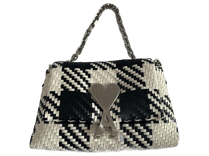 Bolsa Ami de couro trançado em xadrez preto e branco Prata