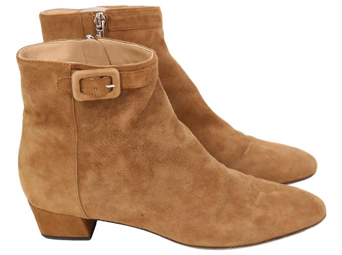 Sergio Rossi Buckled Strap Ankle Boots in Brown Suede Red