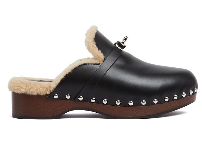 Hermès Mules Sabots Carlotta EU39 Schwarze Leder-Schaffell-Clogs UK6 US8.5