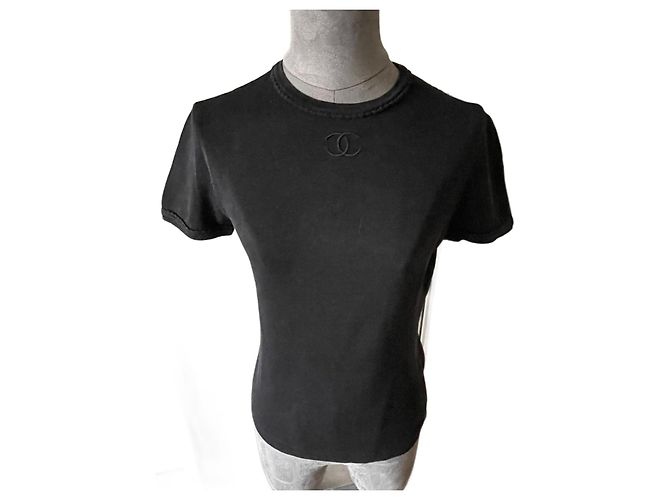 Top Chanel con logo doble CC de algodón negro