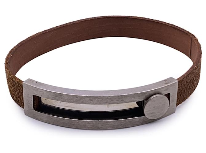Hermès Hermes Paris Brown Leather Pousse Pousse Bracelet Silver Metal 