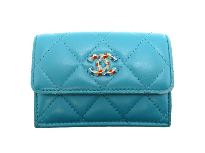 Chanel Coco Mark Tri-fold Wallet Blue Turquoise