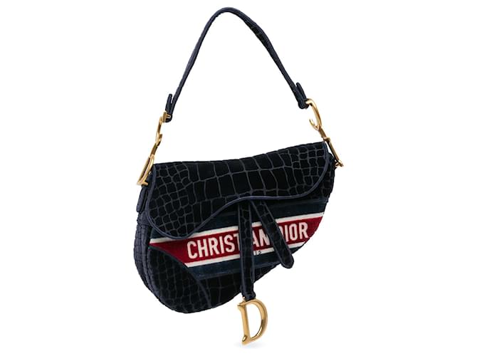 Dior Blue Velvet Crocodile Effect Embroidered Saddle Bag Navy blue Cloth  ref.1999795