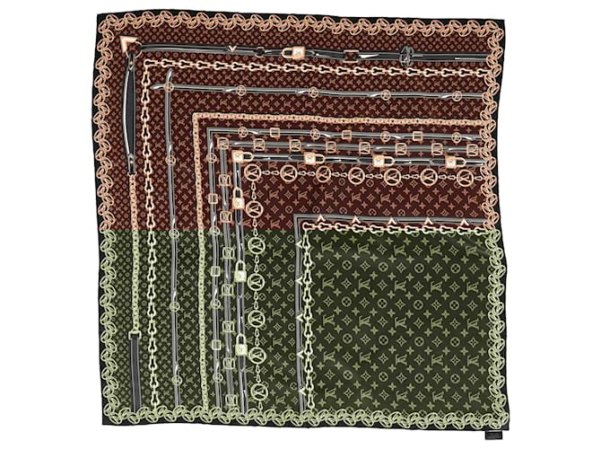  Louis Vuitton Monogram Forever Square Scarf in Brown Silk Red  ref.2001982