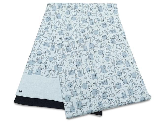 Hermès Blue Printed Cashmere Silk Stole Scarf Light blue Wool Cloth  ref.2002465