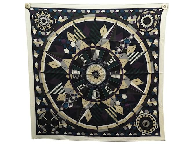 Hermès NEUF FOULARD HERMES ROSE DE COMPAS CARRE 70 EN SOIE NOIRE BOITE SILK SCARF  ref.2002887