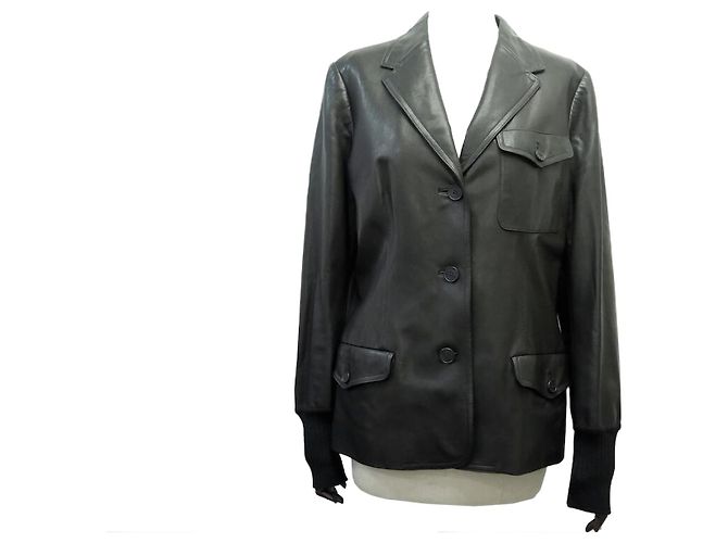Hermès HERMES-JACKE AUS GOATLEDER 44 L 3 KNÖPFE WOLLFUTTER Schwarz