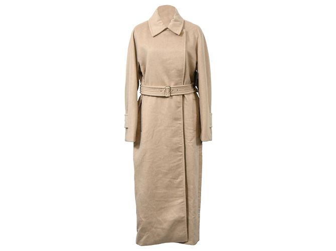 Max Mara Long Belted Coat in Beige Wool