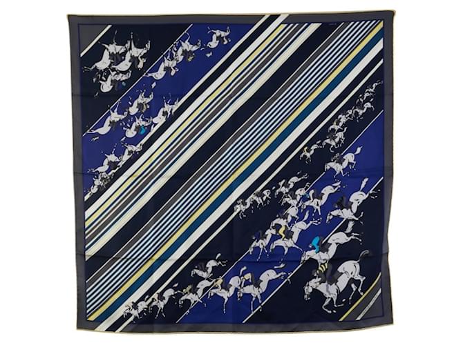 Hermès Carré 90 LES COURSES Écharpe de Course de Chevaux Soie Multicolore Bleu Marine  ref.2005339