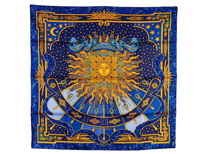 Hermès Écharpe Hermes Carre 90 CARPE DIEM Soie Bleu  ref.2005998