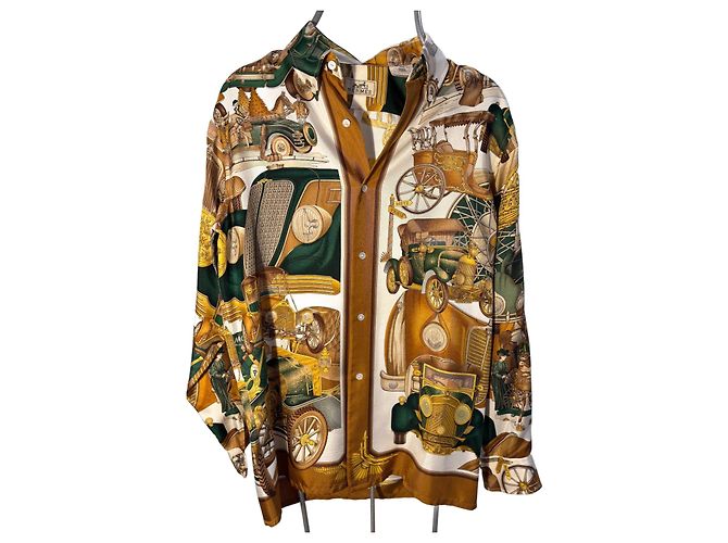 Hermès Camicia Hermés in Seta - Automobile Multicolore D'oro Verde Marrone chiaro