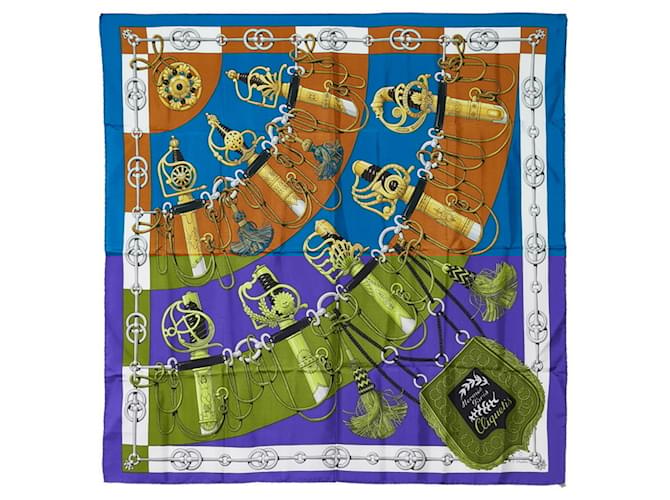 Hermès Écharpe Hermes Carré 90 Cliquetis Kachikachi Motif Épée Soie Bleu Multicolore  ref.2006935