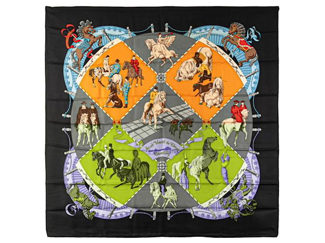 Chantilly Hermès Hermes Carré 90 Musee Vivant du Cheval Scarf Black Multiple colors Silk  ref.2006955