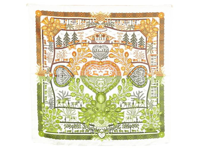 Hermès Écharpe Découpage Renne Hermes Carre 90 Soie Marron Blanc  ref.2007287