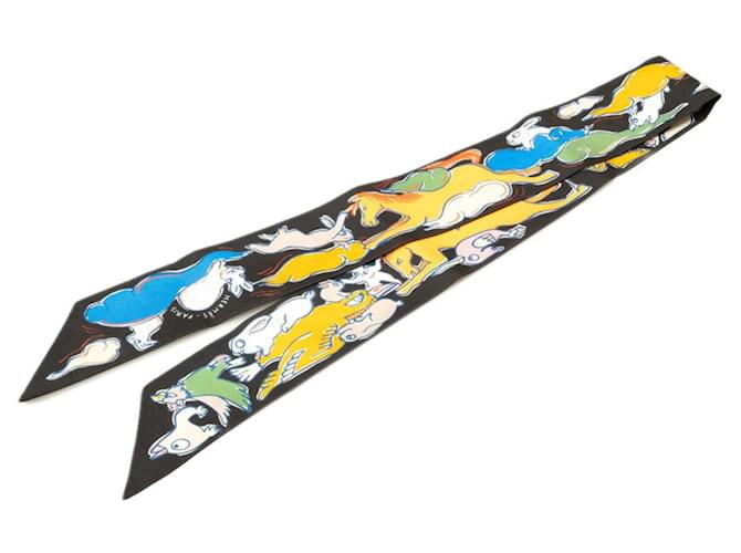 Écharpe Hermès Twilly Mille et un lapins Soie Noir Bleu Multicolore  ref.2007310