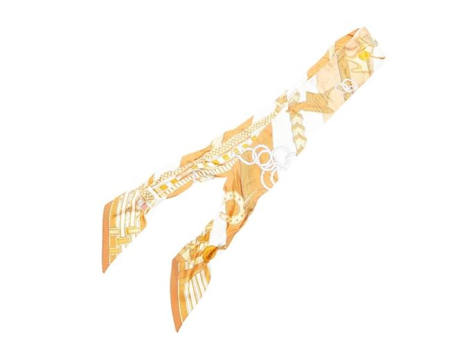 Hermès Écharpe Twilly Hermes en bronze, camel et blanc Soie  ref.2007329
