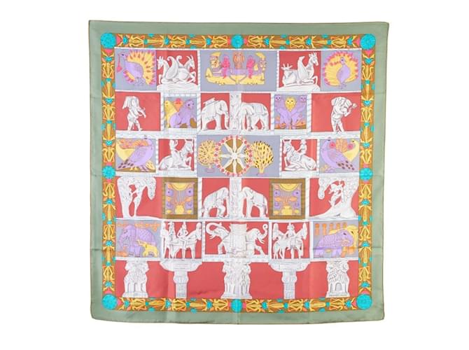 Écharpe Hermès Carre 90 TORANA Soie Rouge Multicolore Kaki  ref.2007346