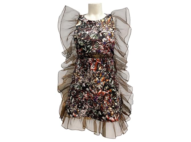 Autre Marque Kika Vargas Brown Multi Ruffle Trimmed Printed Mini Cocktail Dress Polyester  ref.2007613