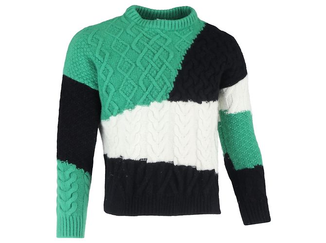 Loewe Farbblock Kabelstrickpullover aus grüner Wolle 