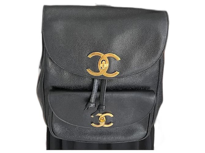 Chanel Black Caviar Leather Backpack Gold Trim