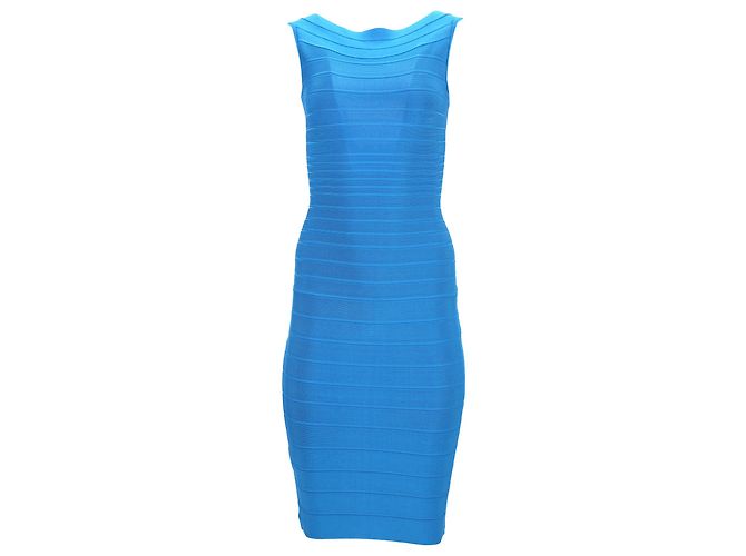 Herve Leger Bandage Midi-Kleid mit weitem Ausschnitt aus blauer Viskose Hellblau